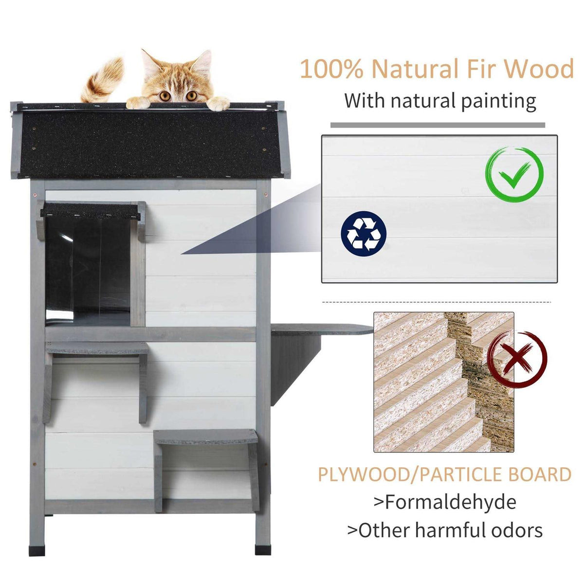 Wooden 2-Story Outdoor Cat House with Escape Door F159445