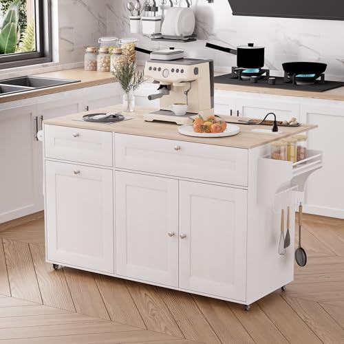 White Rolling Kitchen Island with Drop Leaf and Power Outlet I893