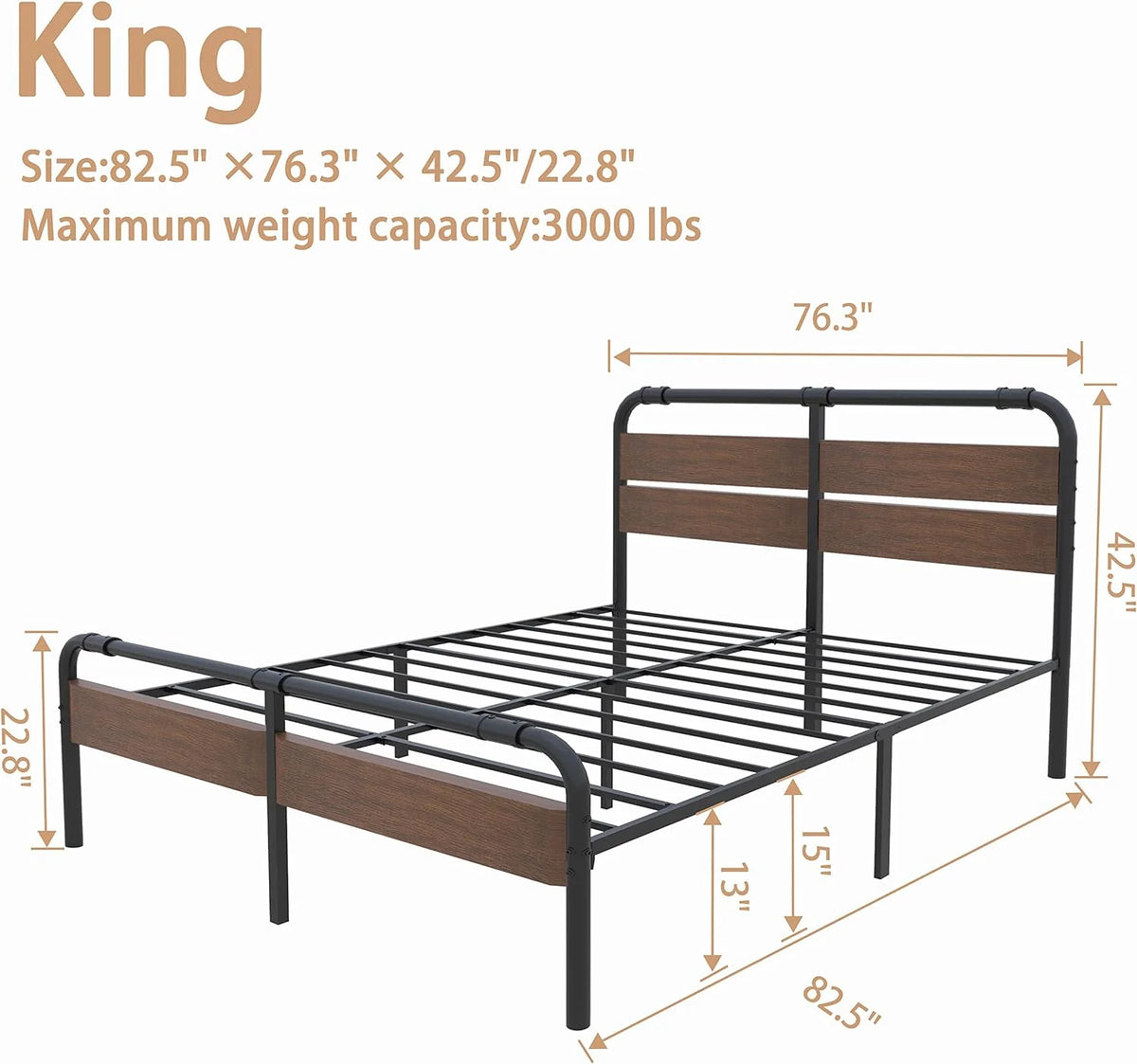 King Size Vintage Wood Headboard Platform Bed Frame 16 Inches High F75227
