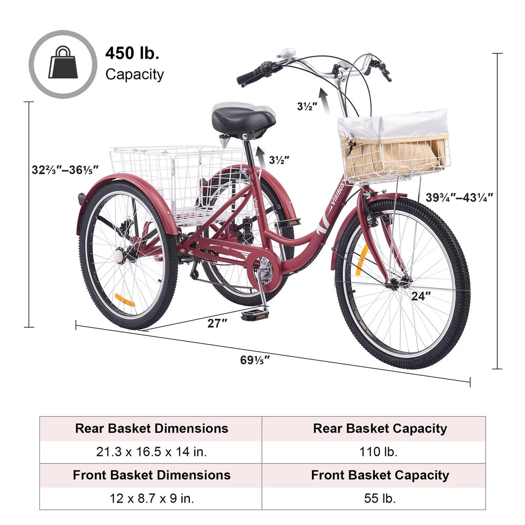 24 Inch 7 Speed Adult Trike with Adjustable Seat and 2 Baskets Matte Gray F662471
