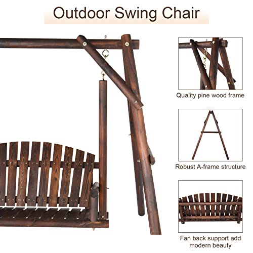 6.5' Outdoor Porch Swing Rustic Loveseat Solid Wooden Natural Log Garden Swing (Carbonized) R8192