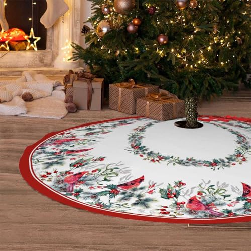 Christmas Tree Skirt 36 Inches Red Poinsettia Floral Holly Leaves White P4512