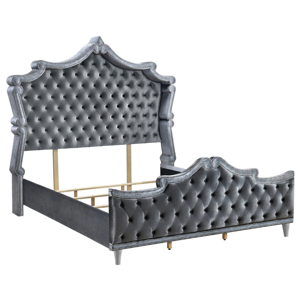Gray Velvet Upholstered Eastern King Bed F743541