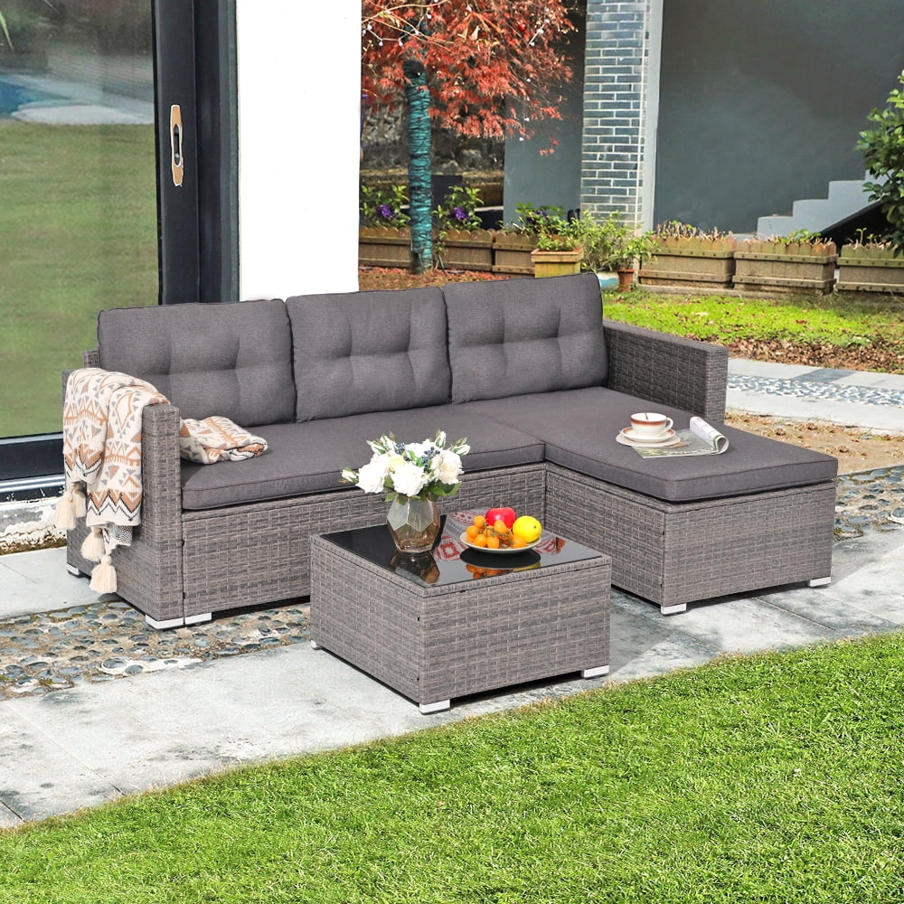 3 Pieces PE Wicker Rattan Patio Conversation Set with Cushions and Tempered Glass Coffee Table P922069