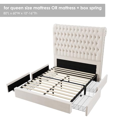 Beige Velvet Upholstered King Size Bed Frame with 4 Under-bed Storage Drawers B155733