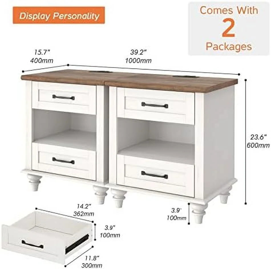 Farmhouse End Tables with Charging Station 2 Drawers Oak S877