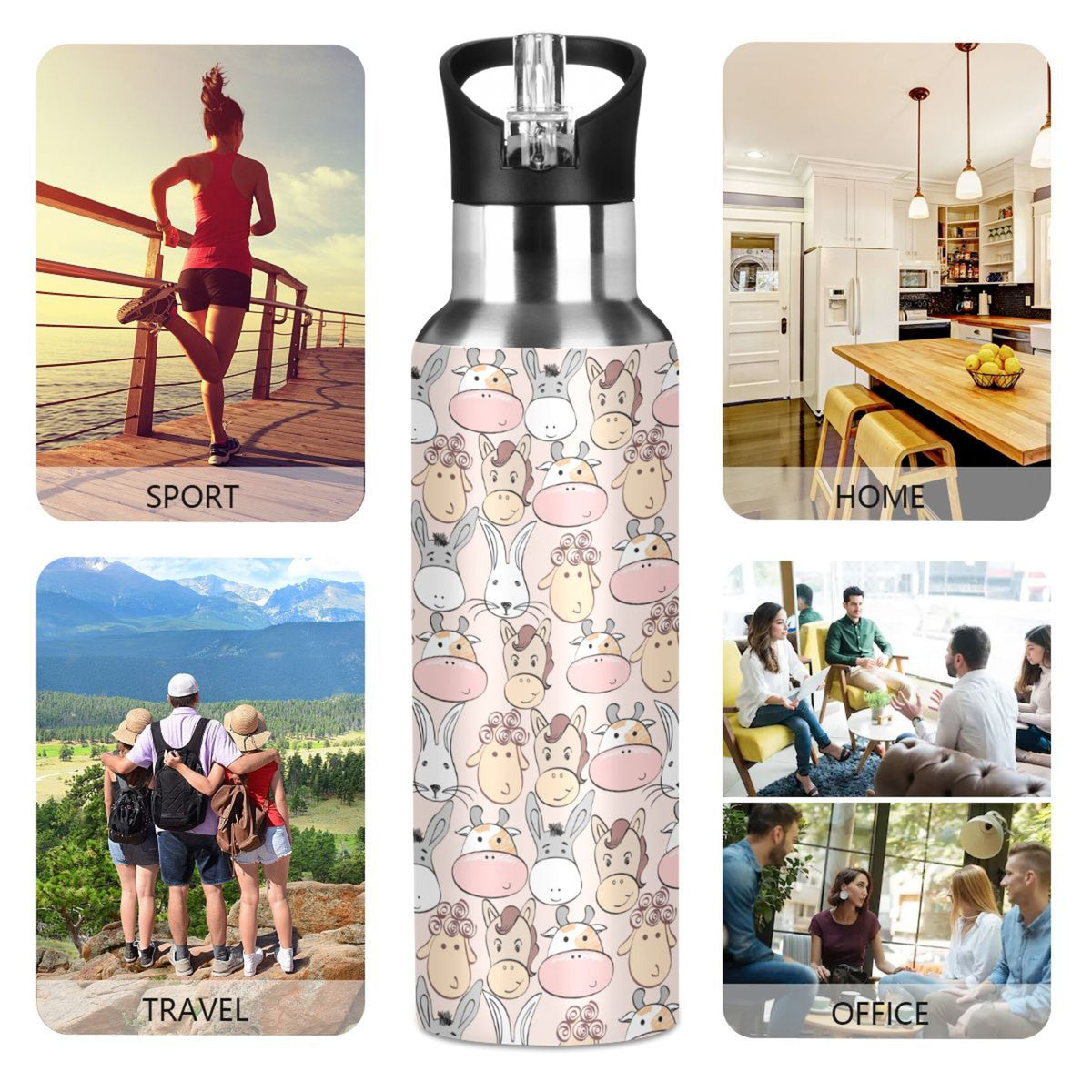 Cartoon Cow Insulated Stainless Steel Water Bottle with Straw Lid, 20 oz V798