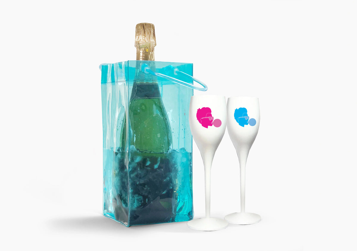 Set of 2 Plastic Champagne Glasses and 1 Icebag B885