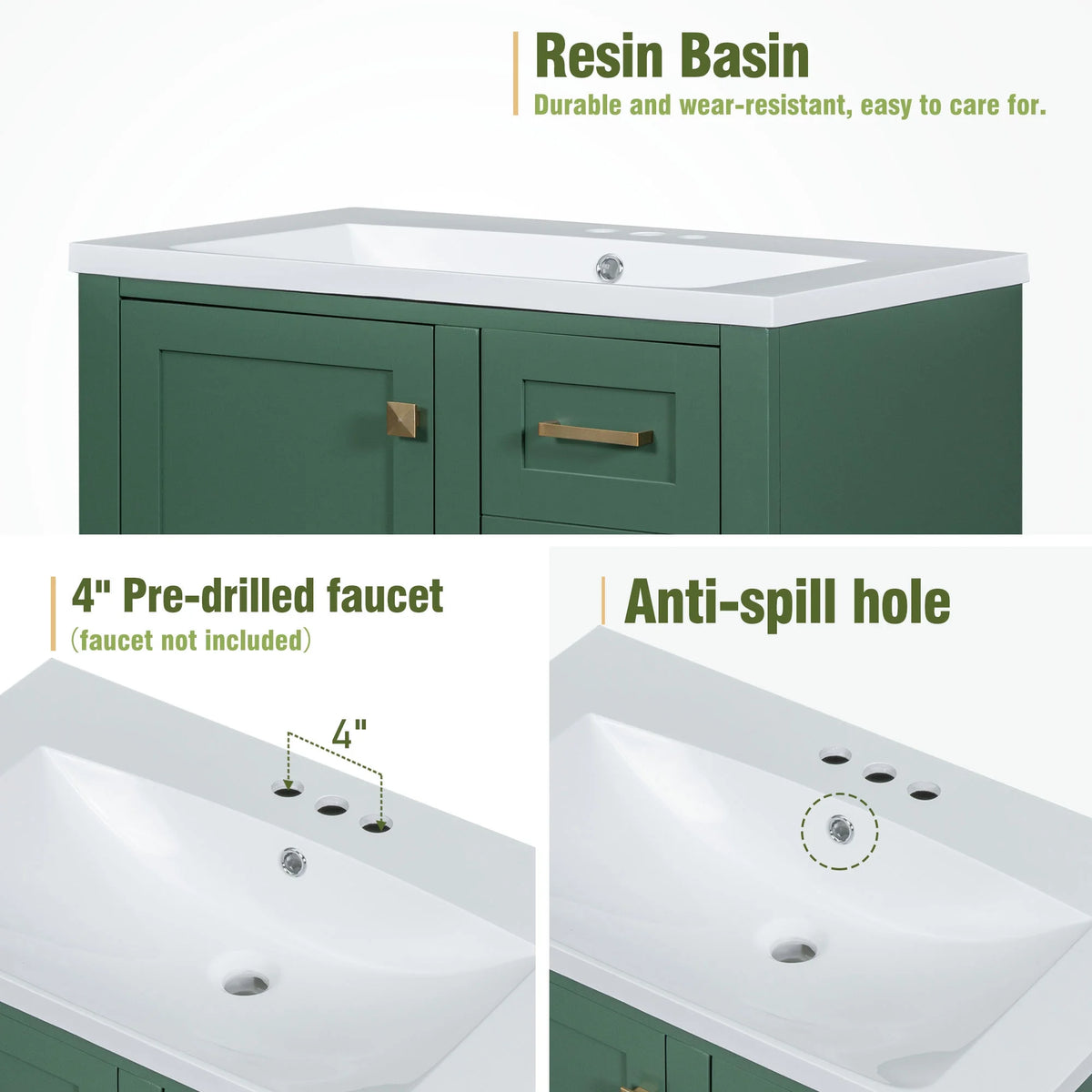 30" Green Solid Wood Bathroom Vanity with Top Basin and 3 Drawers A279517