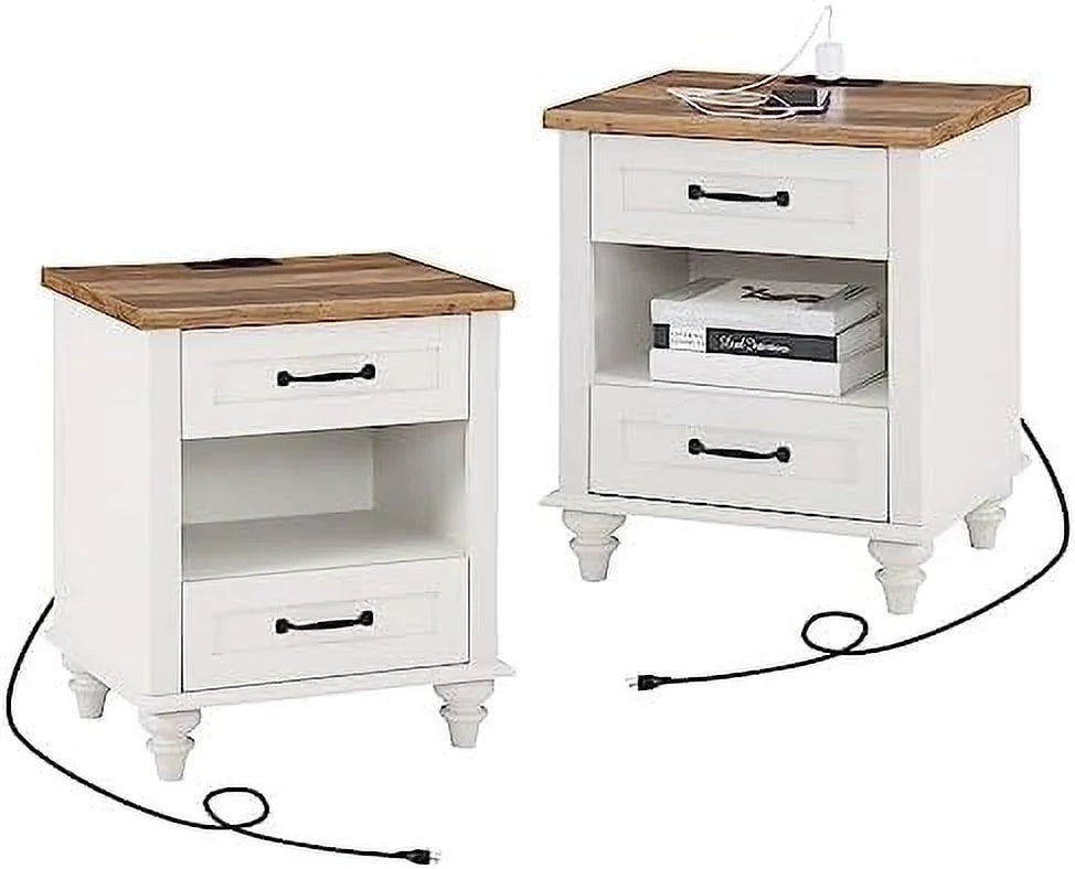 Farmhouse End Tables with Charging Station 2 Drawers Oak S877
