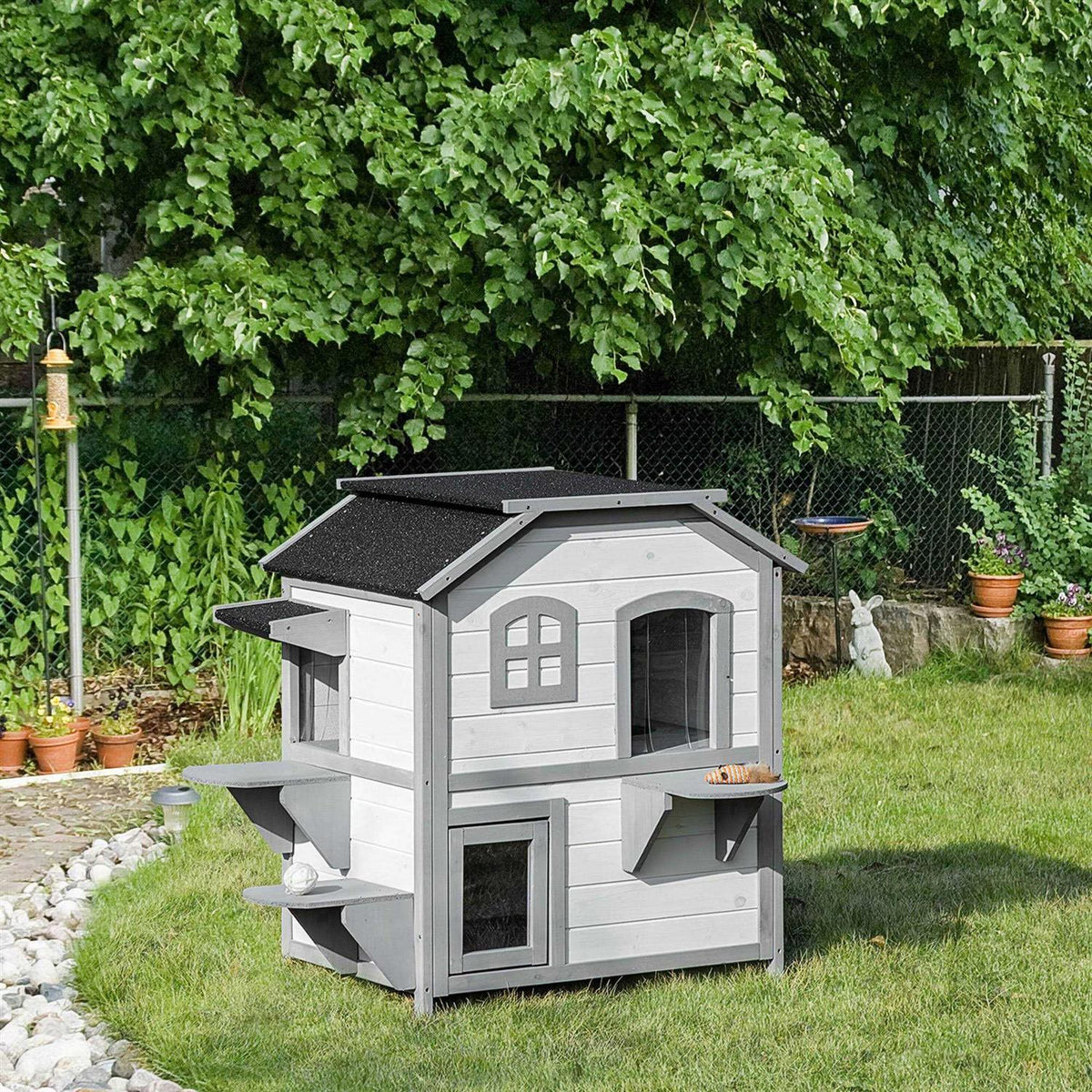 Wooden 2-Story Outdoor Cat House with Escape Door F159445