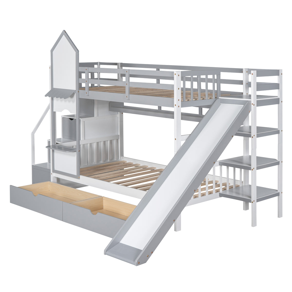 Twin Over Twin Bunk Bed with 2 Drawers and Slide, Gray T12265