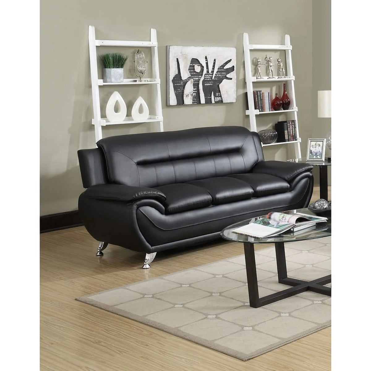 Cream White Faux Leather Pillow Top Arm Sofa P968