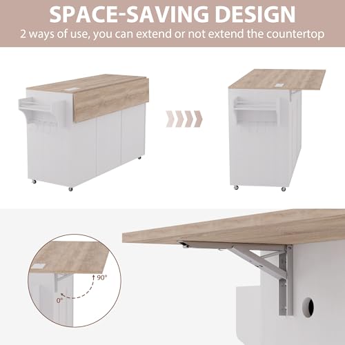 White Rolling Kitchen Island with Drop Leaf and Power Outlet I893