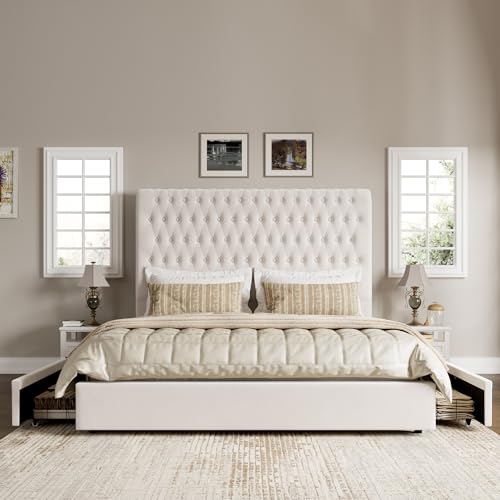 Beige Velvet Upholstered King Size Bed Frame with 4 Under-bed Storage Drawers B155733