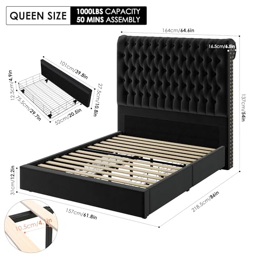 Beige Velvet Upholstered King Size Bed Frame with 4 Under-bed Storage Drawers B155733
