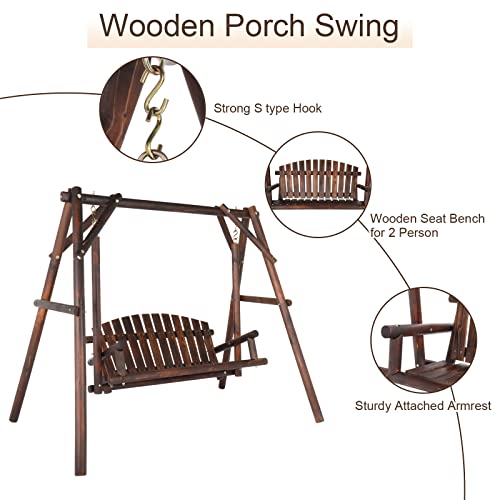 6.5' Outdoor Porch Swing Rustic Loveseat Solid Wooden Natural Log Garden Swing (Carbonized) R8192