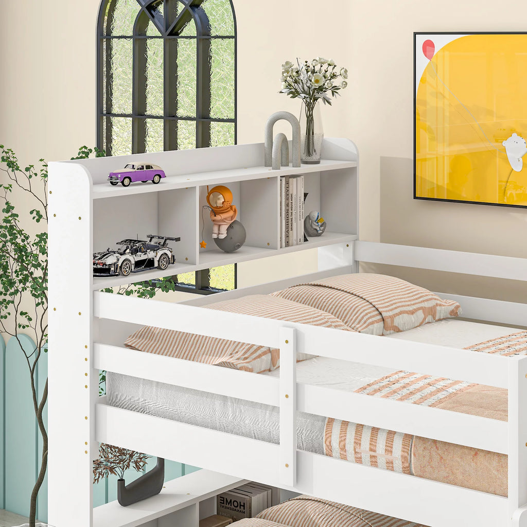 Full Over Full Bunk Beds with Bookcase Headboard Solid Wood Bed Frame with Safety Rail and Ladder White Z6846