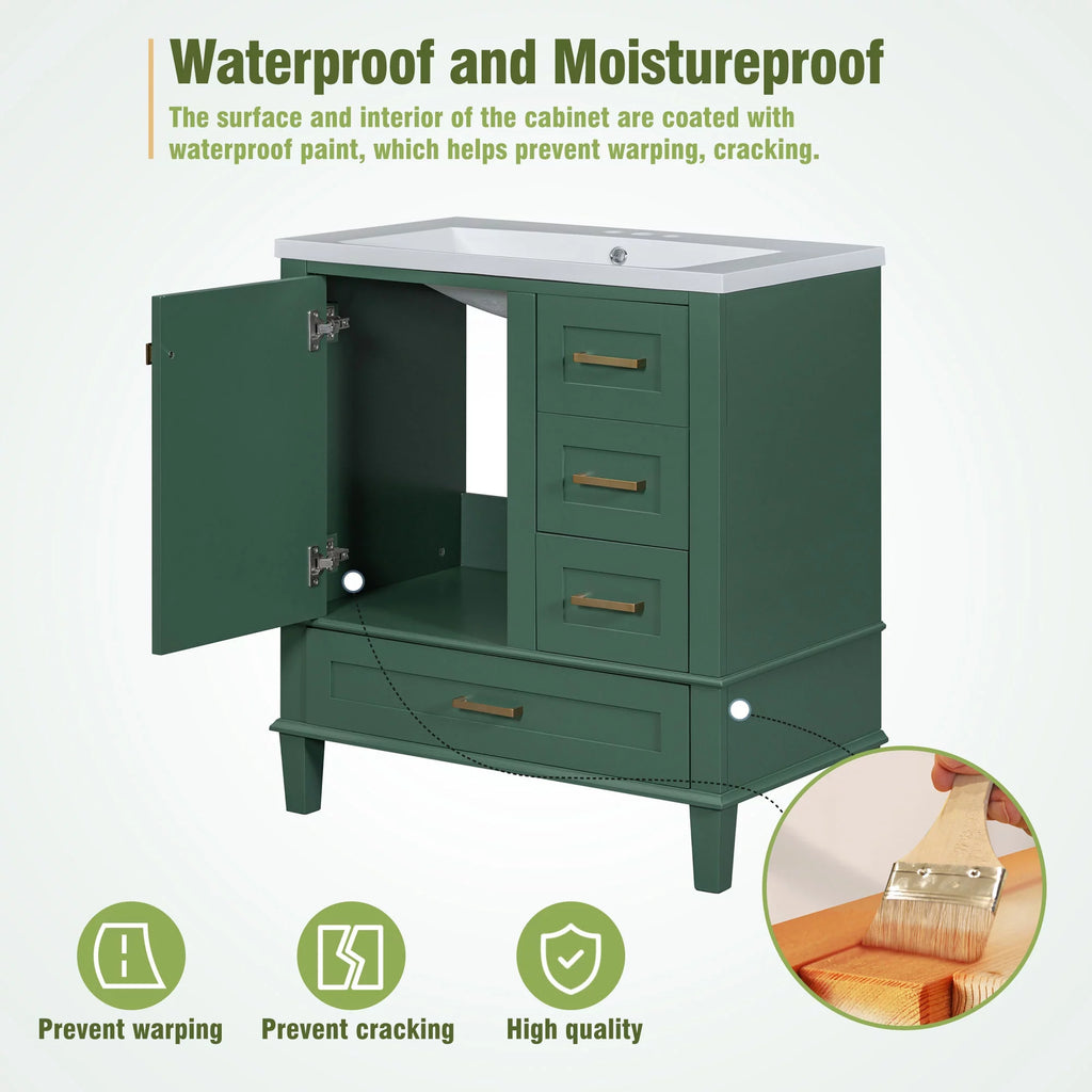 30" Green Solid Wood Bathroom Vanity with Top Basin and 3 Drawers A279517