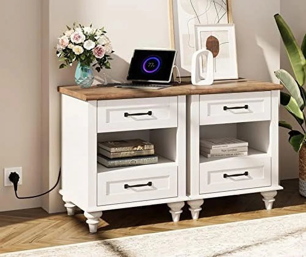 Farmhouse End Tables with Charging Station 2 Drawers Oak S877