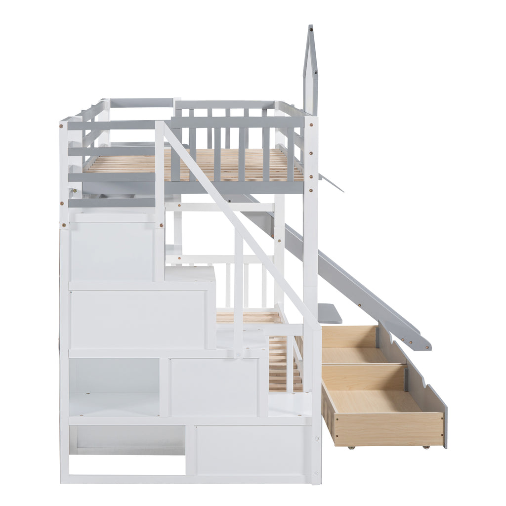 Twin Over Twin Bunk Bed with 2 Drawers and Slide, Gray T12265
