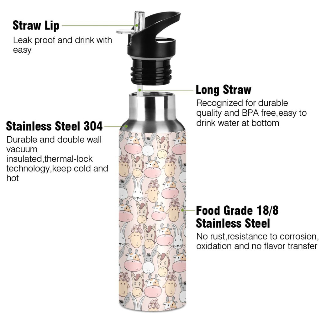 Cartoon Cow Insulated Stainless Steel Water Bottle with Straw Lid, 20 oz V798