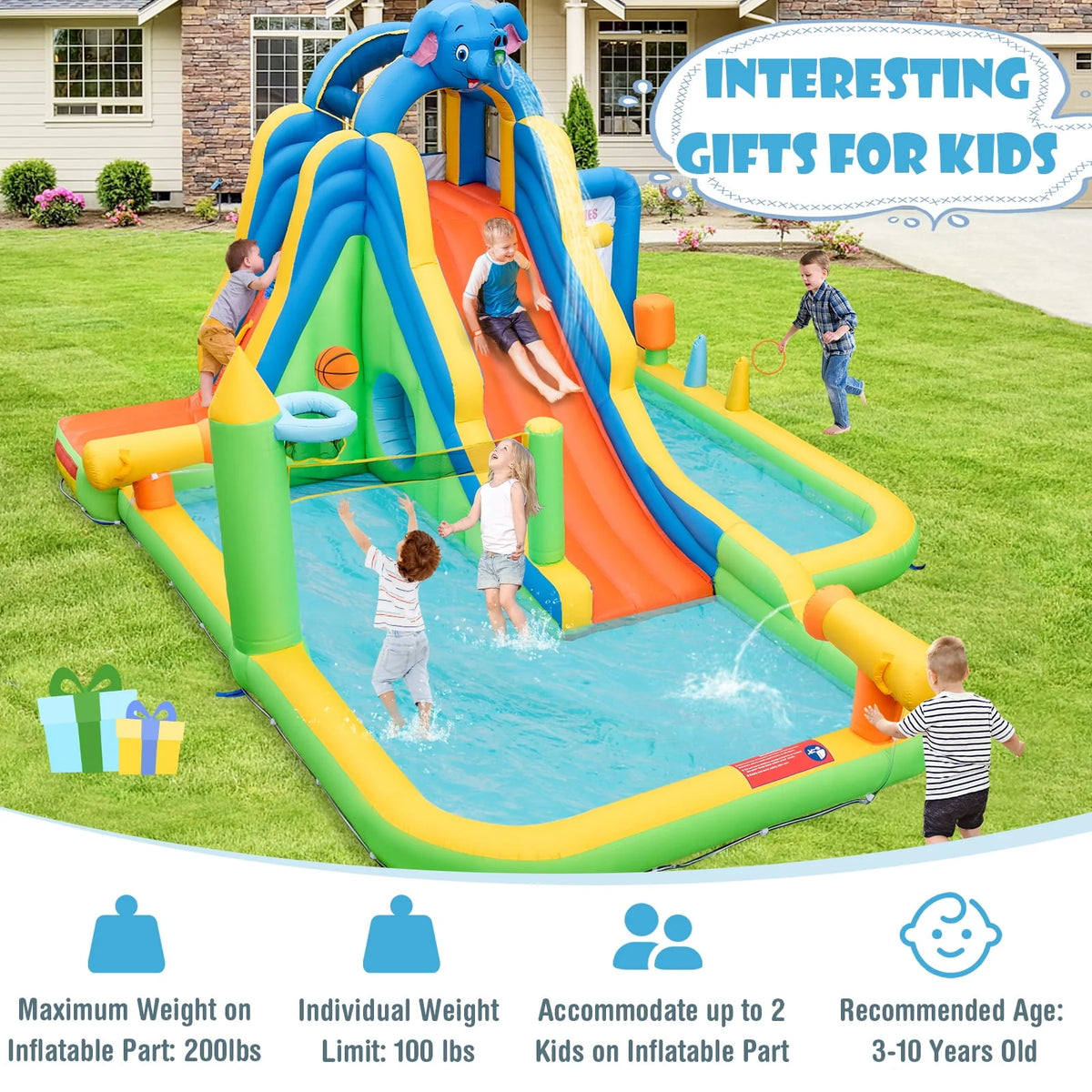 Inflatable Water Slide 9-in-1 Water Park with Splash Pool Q35738