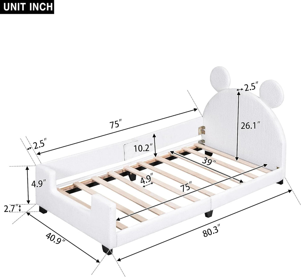 White Upholstered Bed with Bear Shaped Headboard I434156