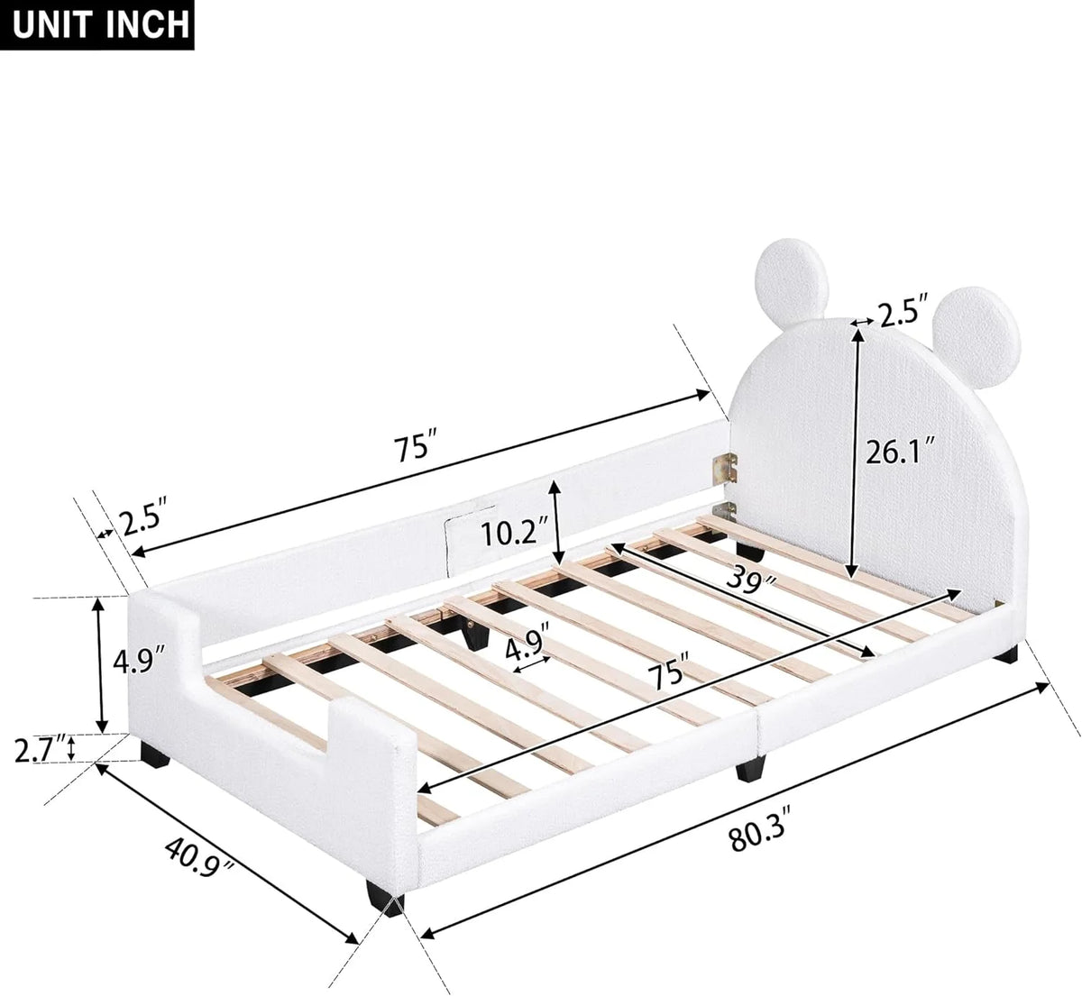 White Upholstered Bed with Bear Shaped Headboard I434156