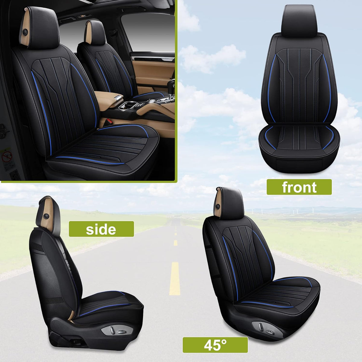 Leather Car Seat Covers Front Pair Black Blue K220