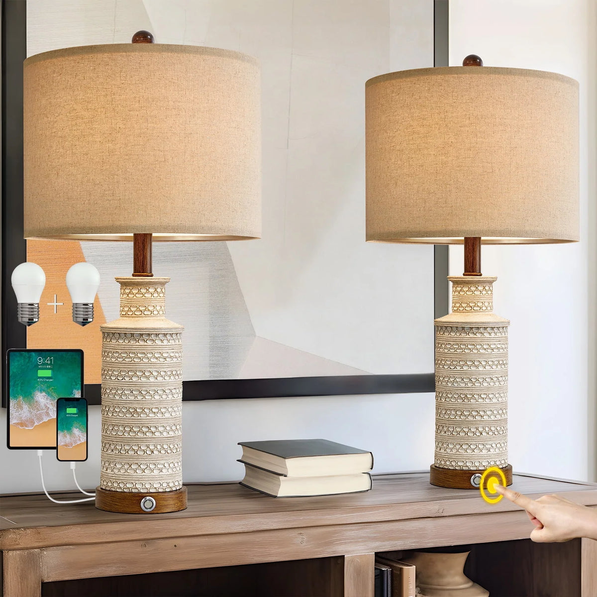 3 Way Dimmable Table Lamp Set of 2 with USB Ports H74914