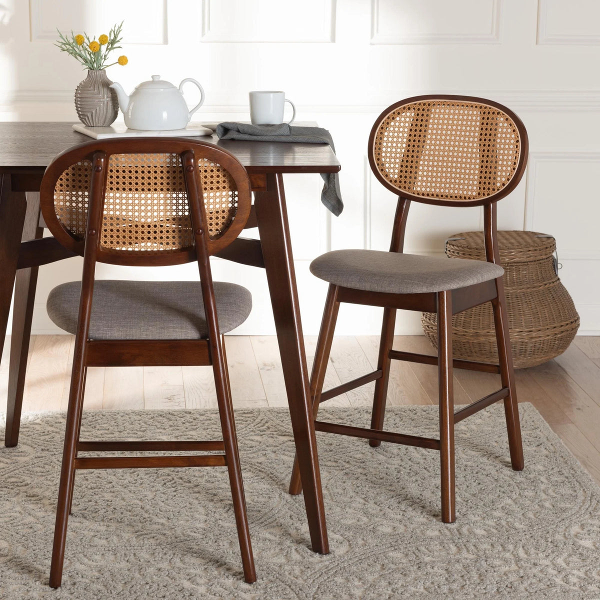 Grey Fabric and Walnut Brown Finished Wood 2-Piece Counter Stool Set X6526
