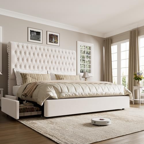 Beige Velvet Upholstered King Size Bed Frame with 4 Under-bed Storage Drawers B155733