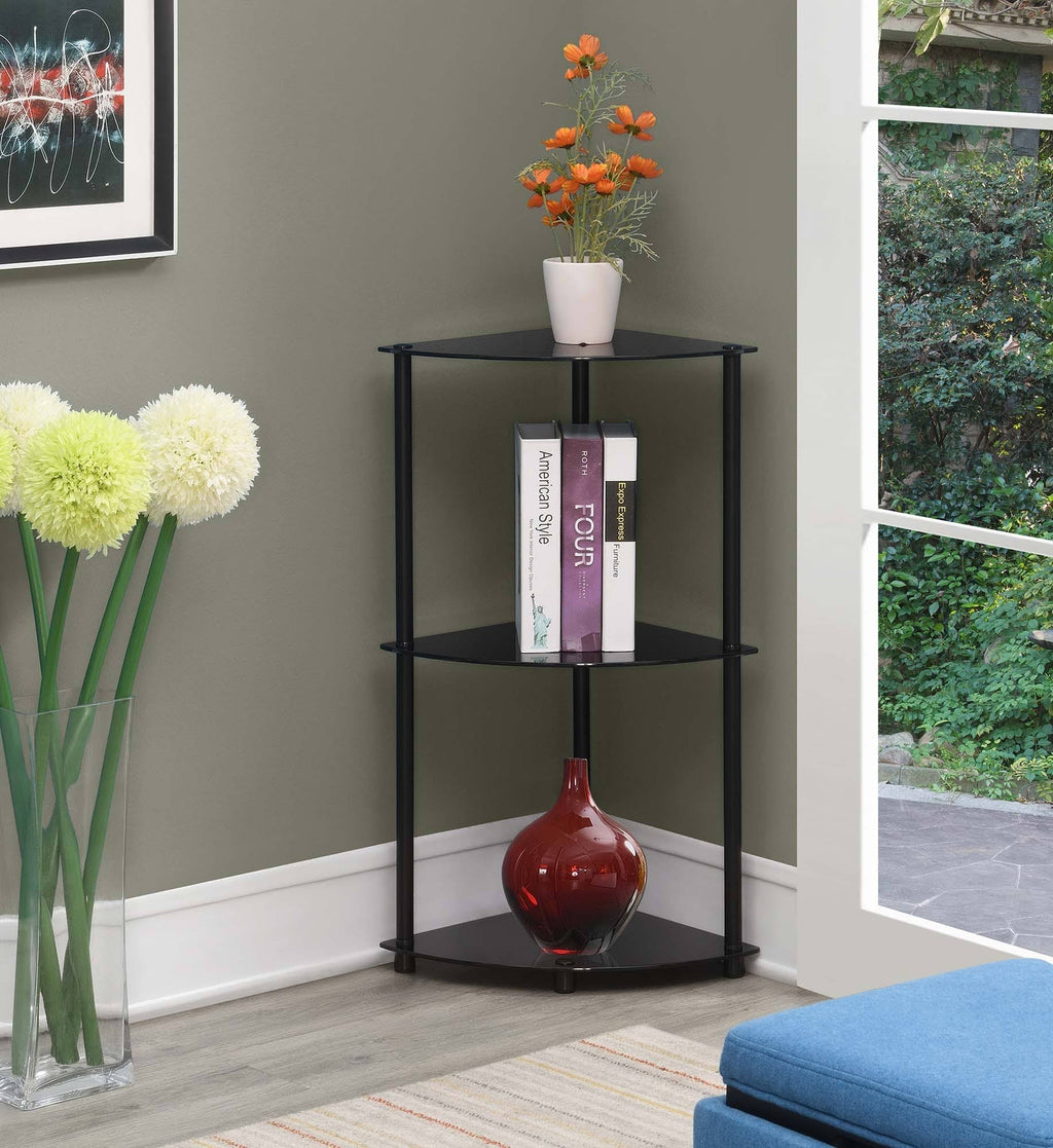 3-Tier Corner Shelf, Black Glass V275