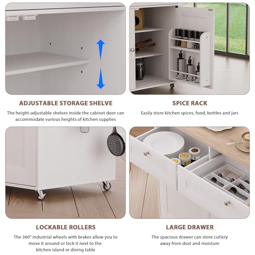 White Rolling Kitchen Island with Drop Leaf and Power Outlet I893