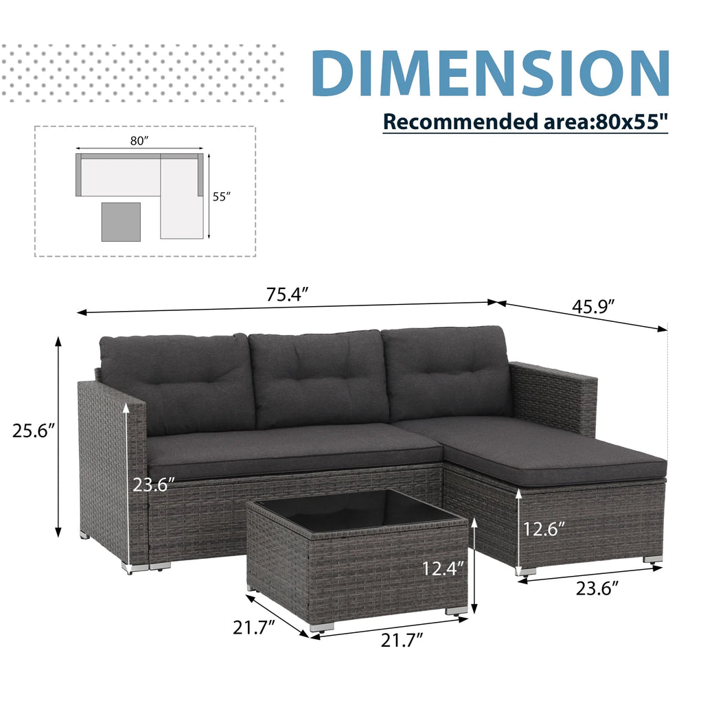 3 Pieces PE Wicker Rattan Patio Conversation Set with Cushions and Tempered Glass Coffee Table P922069