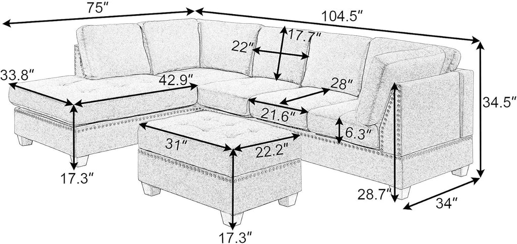 Reversible Sectional Sofa with Storage and Chaise Lounge Couch, Wooden Frame L-Shaped Corner Sofa Set with Ottoman, Black V100