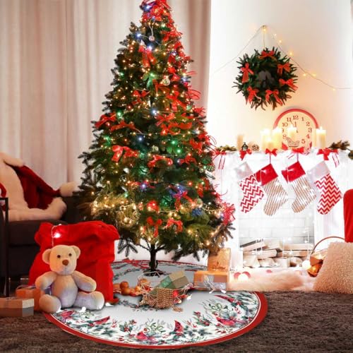 Christmas Tree Skirt 36 Inches Red Poinsettia Floral Holly Leaves White P4512