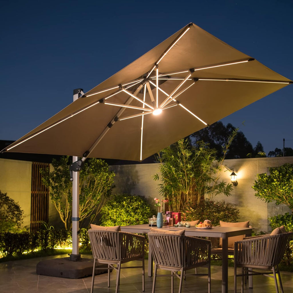 10 FT Square Cantilever Umbrella with Solar LED Lights and Cross Base, Beige S4425