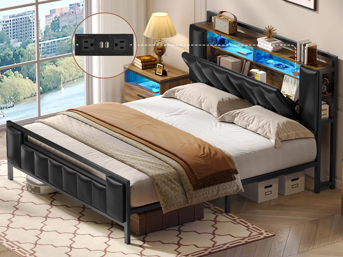 Queen Size LED Upholstered Platform Bed Frame with Storage Headboard U232999