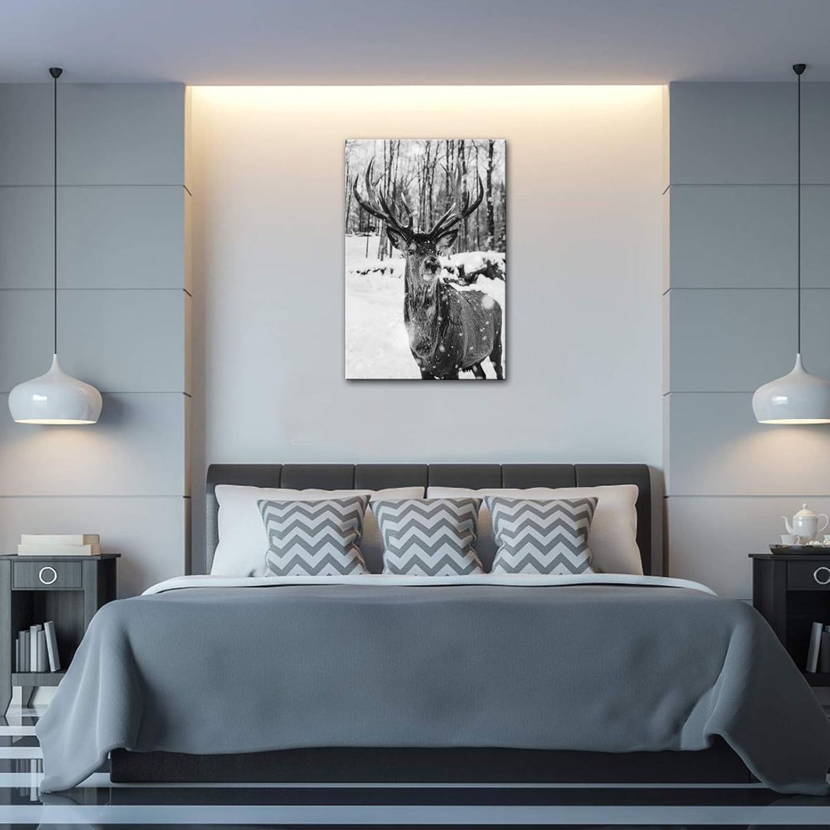 Black and White Deer in Winter Forest Canvas Print Wall Art W55429