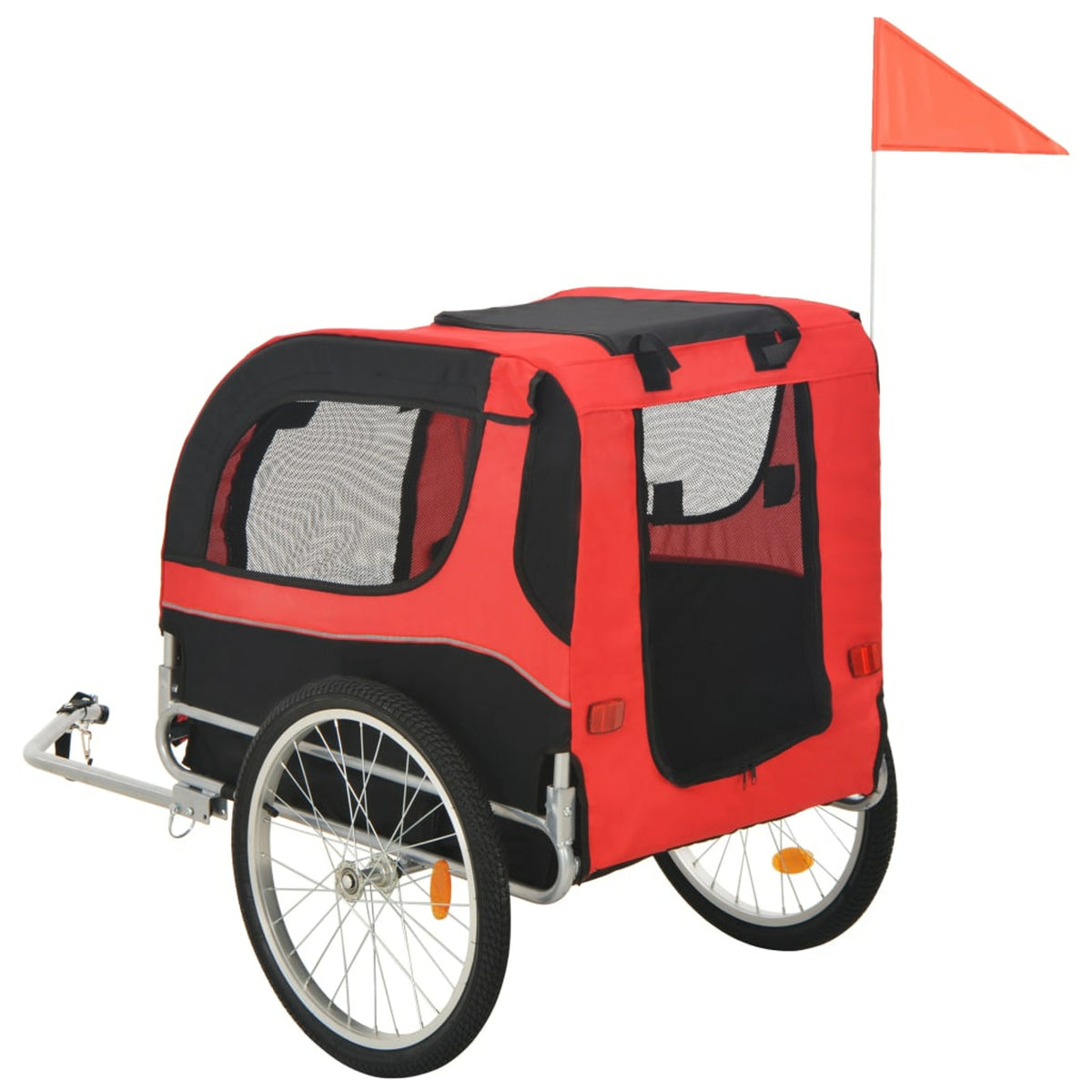 Red Black Folding Dog Bike Trailer with Mesh Windows and Safety Flag E56563