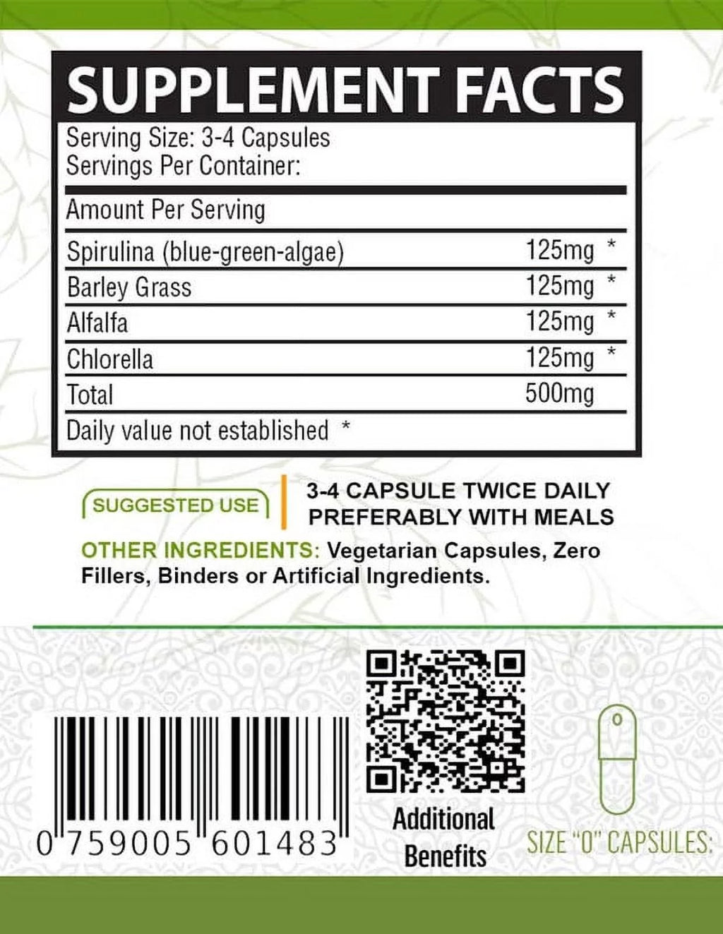 Organic Spirulina Barley Grass Alfalfa Chlorella Capsules 120 Count H2867