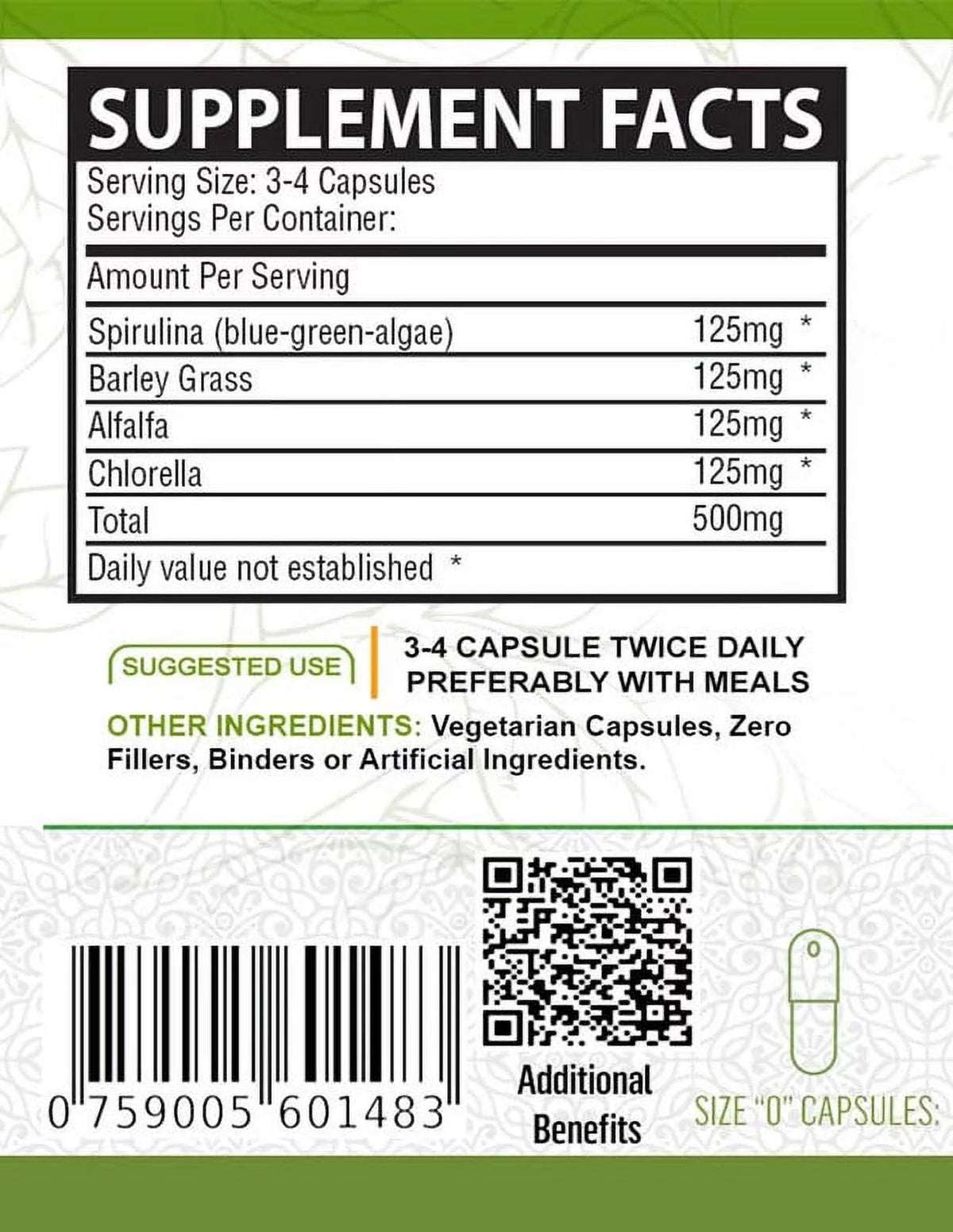 Organic Spirulina Barley Grass Alfalfa Chlorella Capsules 120 Count H2867