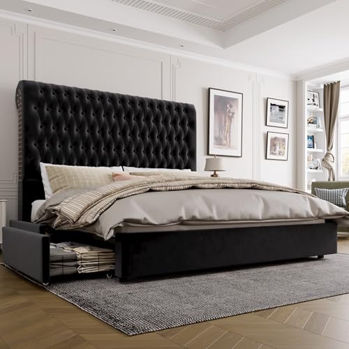 Beige Velvet Upholstered King Size Bed Frame with 4 Under-bed Storage Drawers B155733