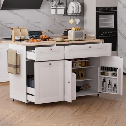 White Rolling Kitchen Island with Drop Leaf and Power Outlet I893