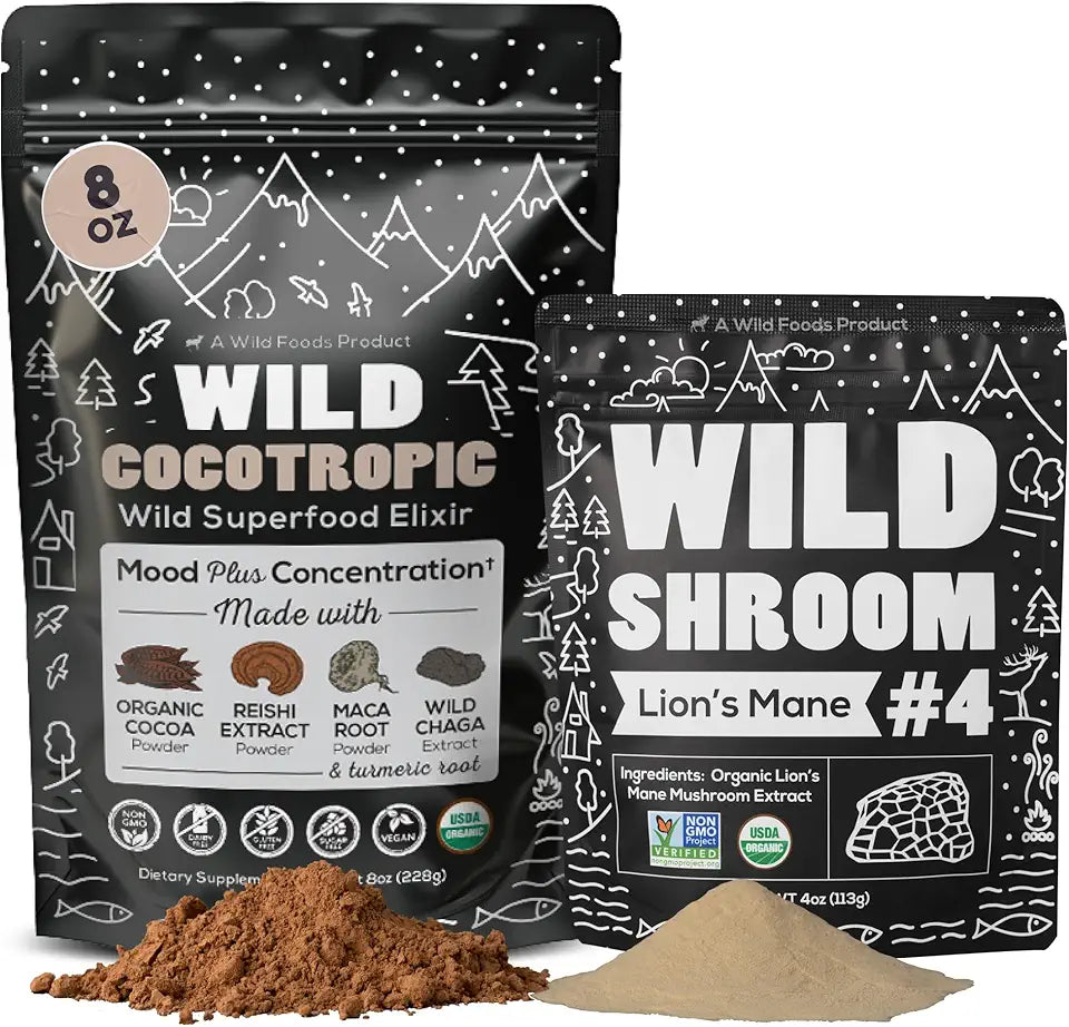 Organic Mushroom Cacao Mix 8oz & Lion's Mane Powder 4oz Bundle Z298290