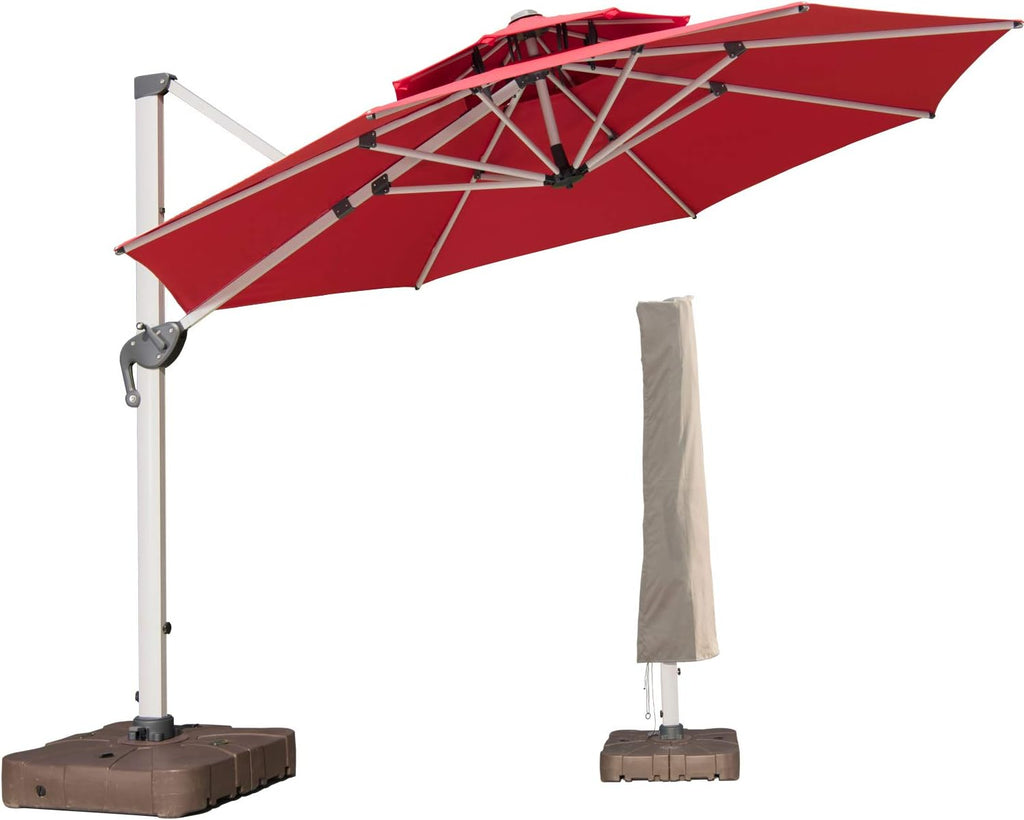 10 FT Square Cantilever Umbrella with Solar LED Lights and Cross Base, Beige S4425