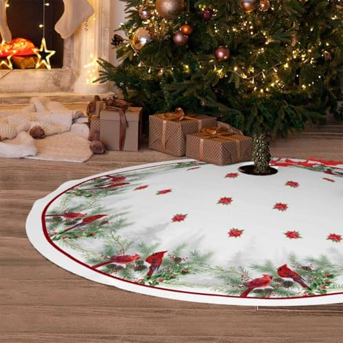 Christmas Tree Skirt 36 Inches Red Poinsettia Floral Holly Leaves White P4512