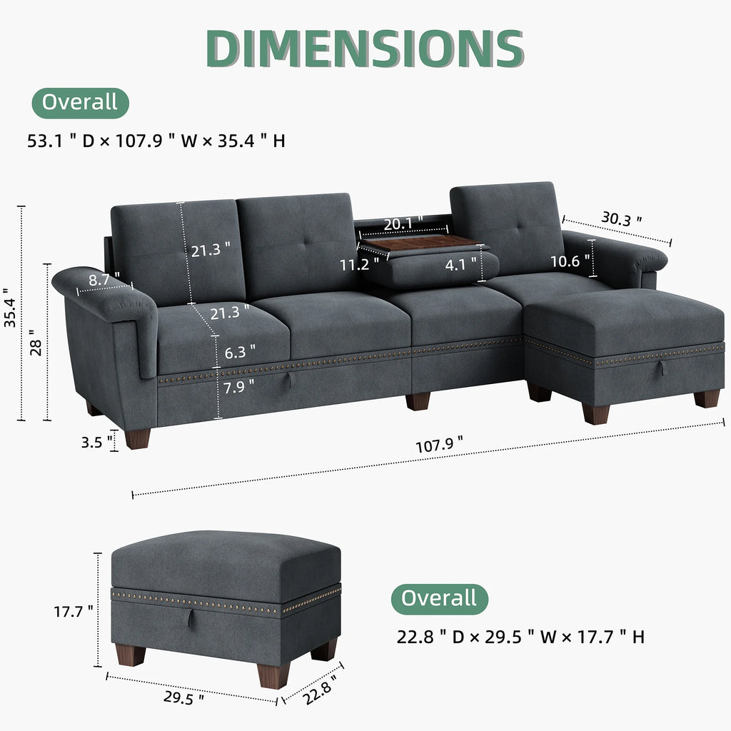 Dark Grey L Shaped Sectional Sofa with Storage Chaise P711047